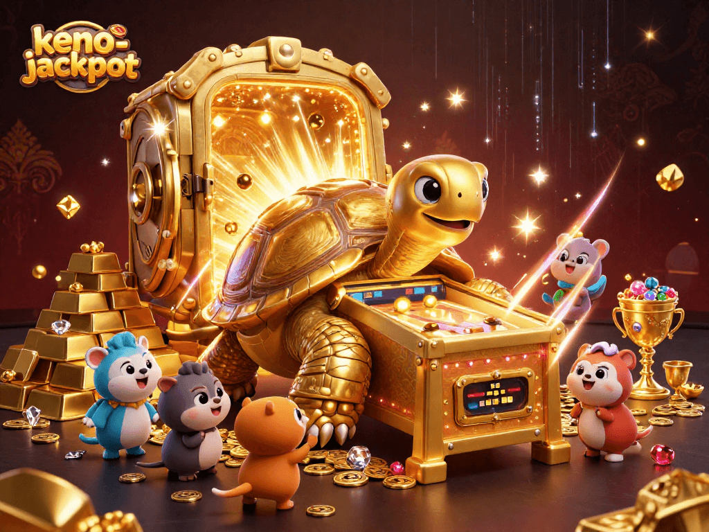 Experience the excitement of keno-jackpot with a dynamic scene featuring a golden tortoise pinball and treasures.