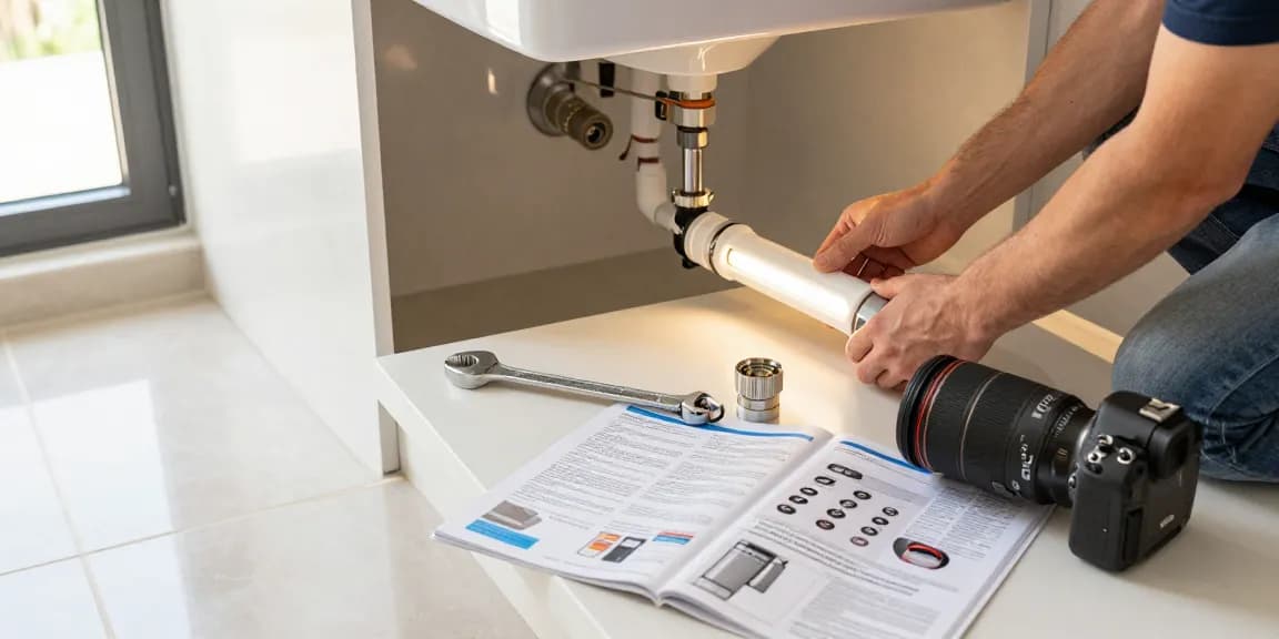 AQUA CREST AP431 AP430SS Whole House Scale Inhibitor installation scene featuring tools and a person actively engaging with home plumbing.