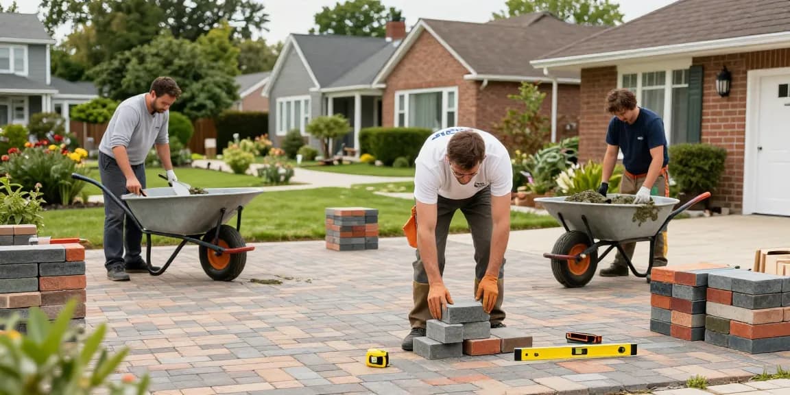 Driveways and Patios Dublin team expertly installing a block-paved driveway in a residential neighborhood, showcasing quality craftsmanship and community service.