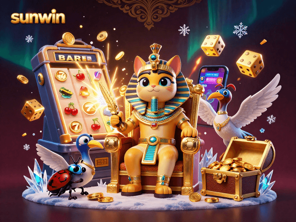 Join the excitement at sunwin with a vibrant 3D casino scene featuring a pharaoh cat, slot machines, and golden treasures.