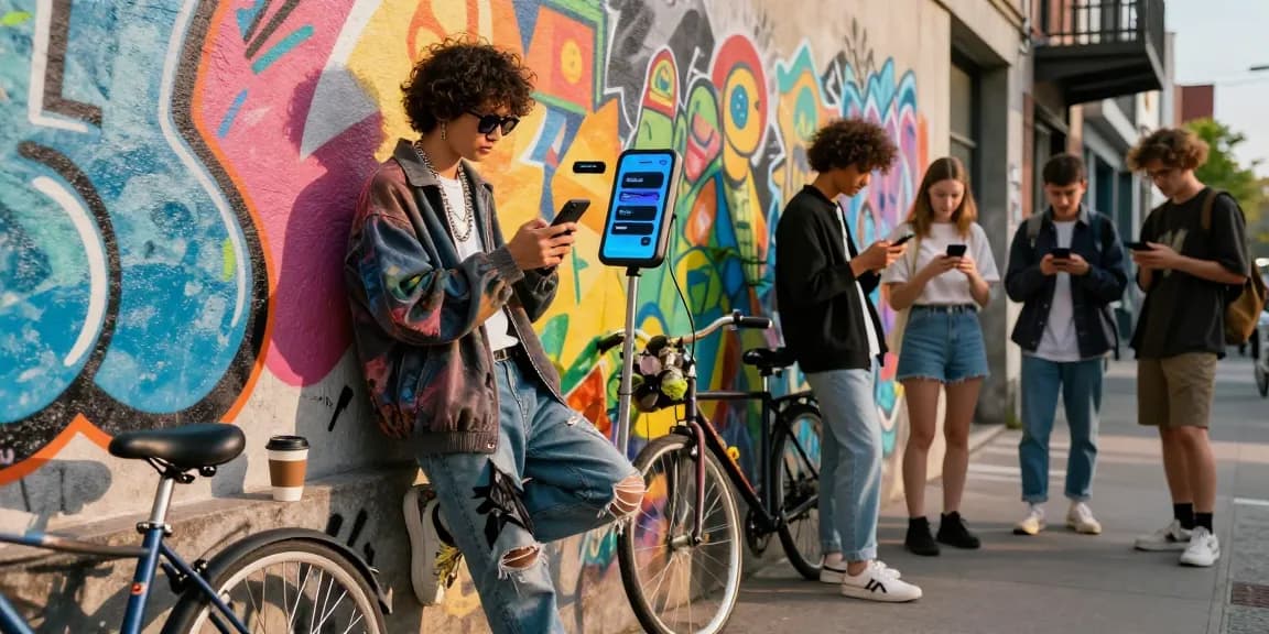 Engaging with an AI chatbot on the street, showcasing urban fashion and lifestyle.
