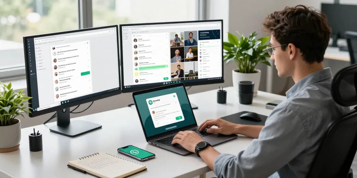 Professional workspace demonstrating WhatsApp電腦版 on laptop and monitors, enhanced productivity setup.
