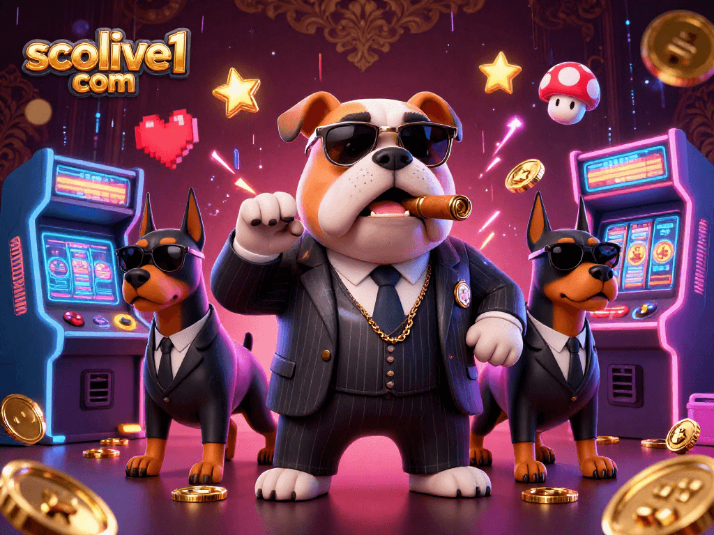 Experience the adventure at socolive1 com with the legendary mafia bulldog in a vibrant casino scene.
