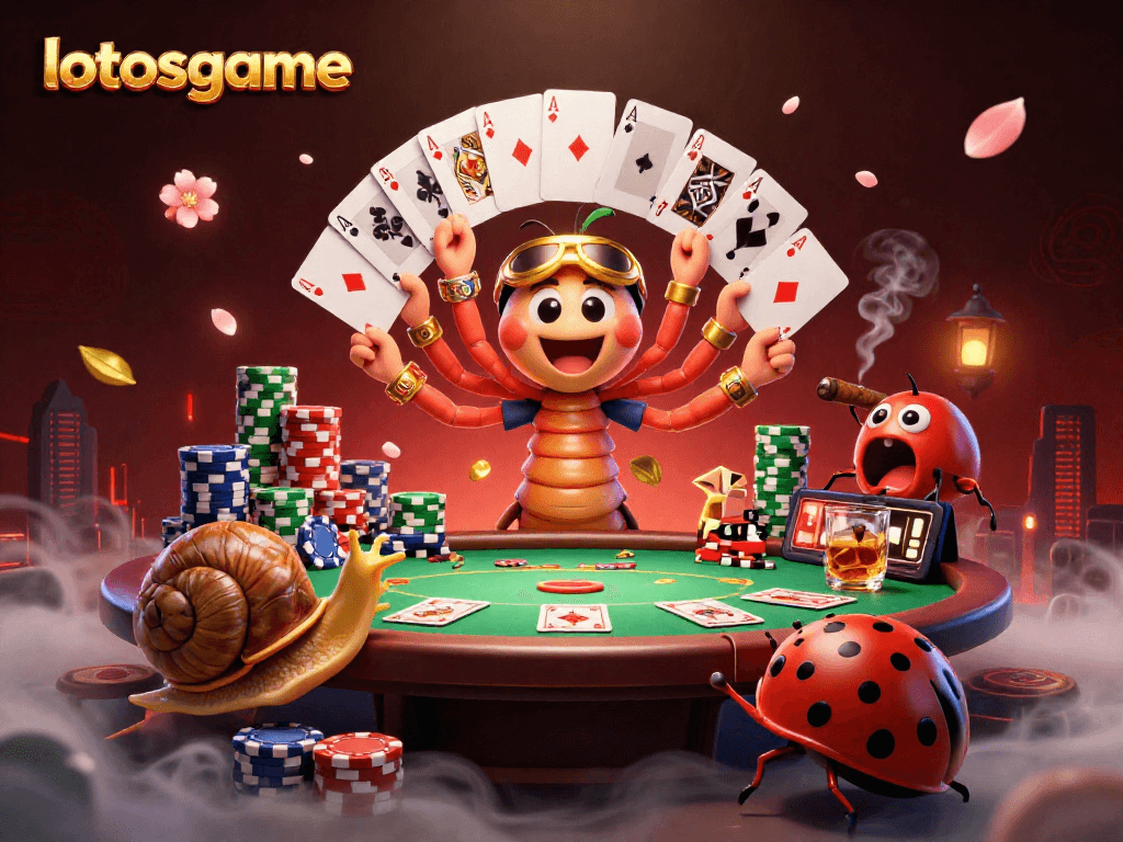 Experience thrilling gameplay in lotosgame featuring a lively gambling scene with animated characters and casino elements.