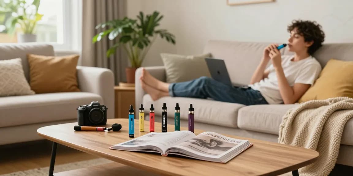 THC vape UK products on a coffee table alongside a user practicing natural wellness, featuring premium lab-tested vape devices.
