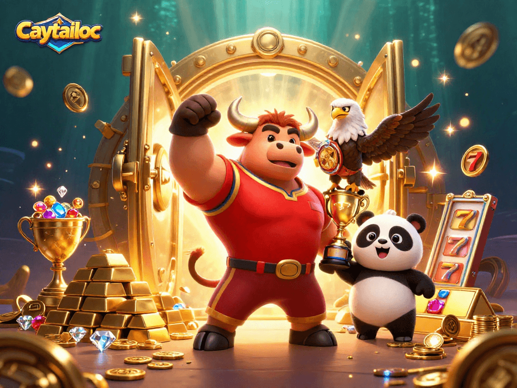 Experience the excitement of caytailoc slots in this vibrant 3D casino scene with winning characters.