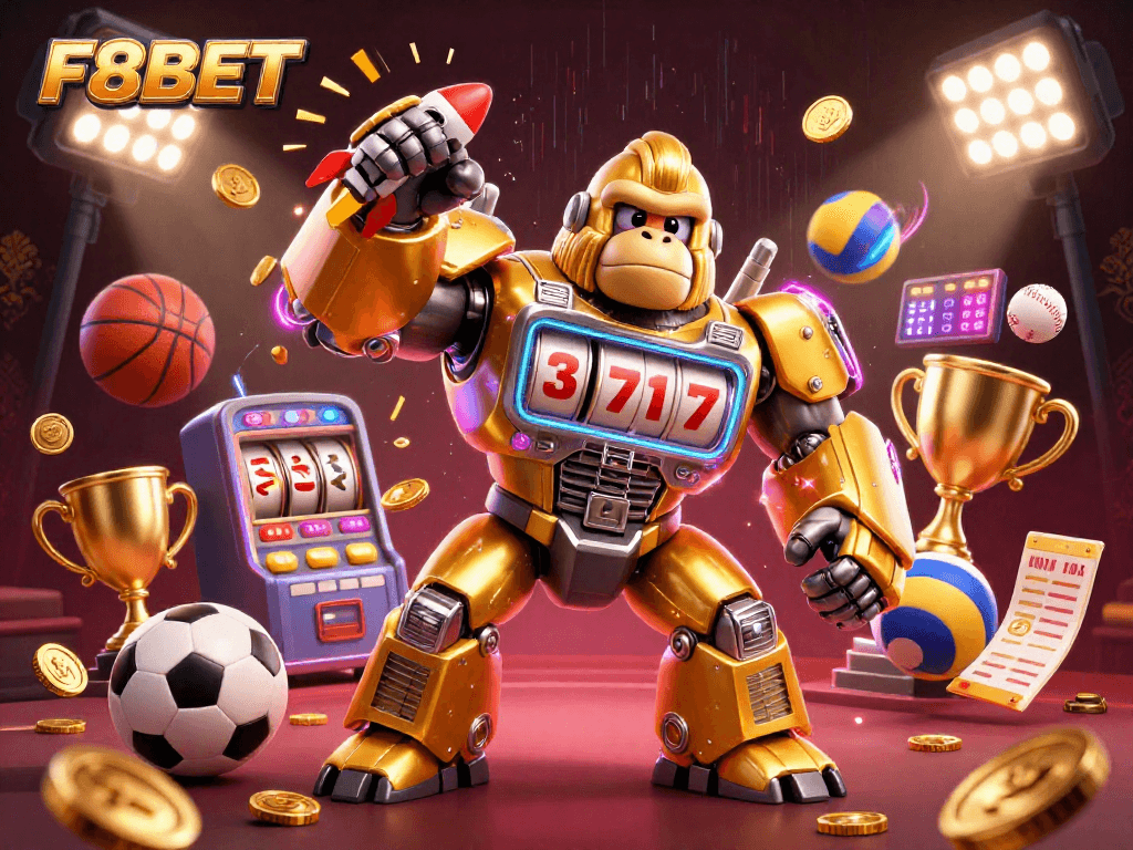 Experience F8BET with a golden gorilla mech and dynamic sports elements in this exciting casino scene.