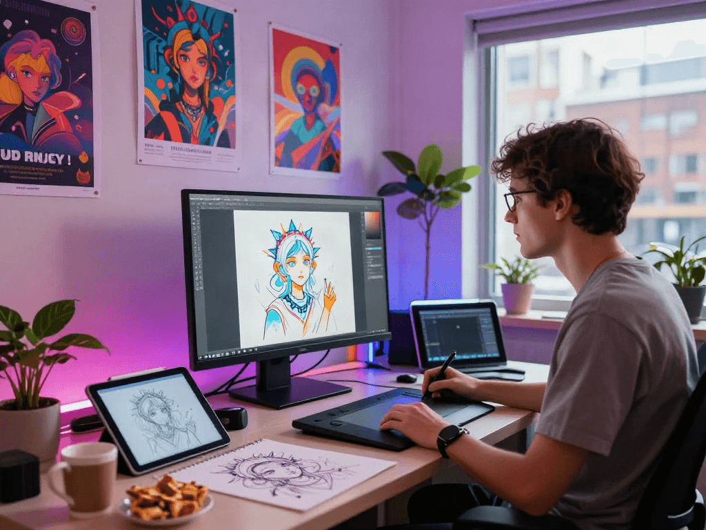 Creative professional designing NSFW AI art in a vibrant digital studio
