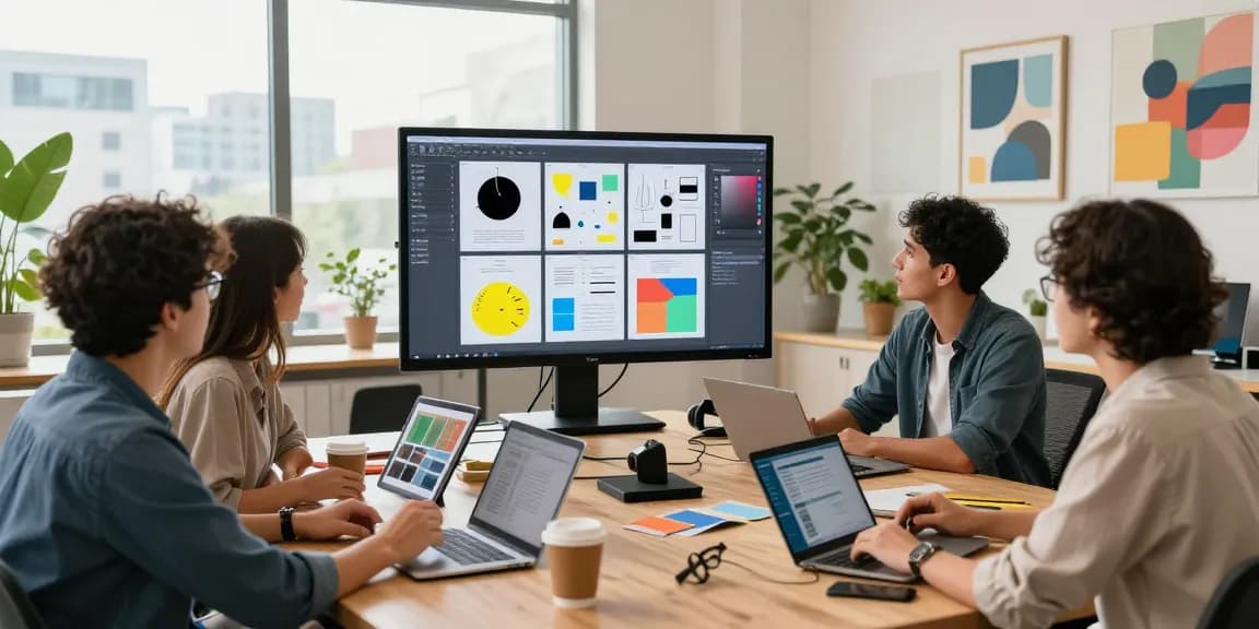 Collaboration on a digital mix board with design templates in a bright workspace.