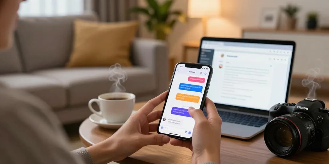 Engaging interaction with hot chat AI on smartphone in modern home setting, showcasing vibrant chat interface.