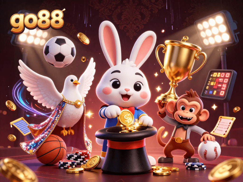 Experience the thrill of go88 with a magician rabbit, dove, and monkey in an energetic casino scene.