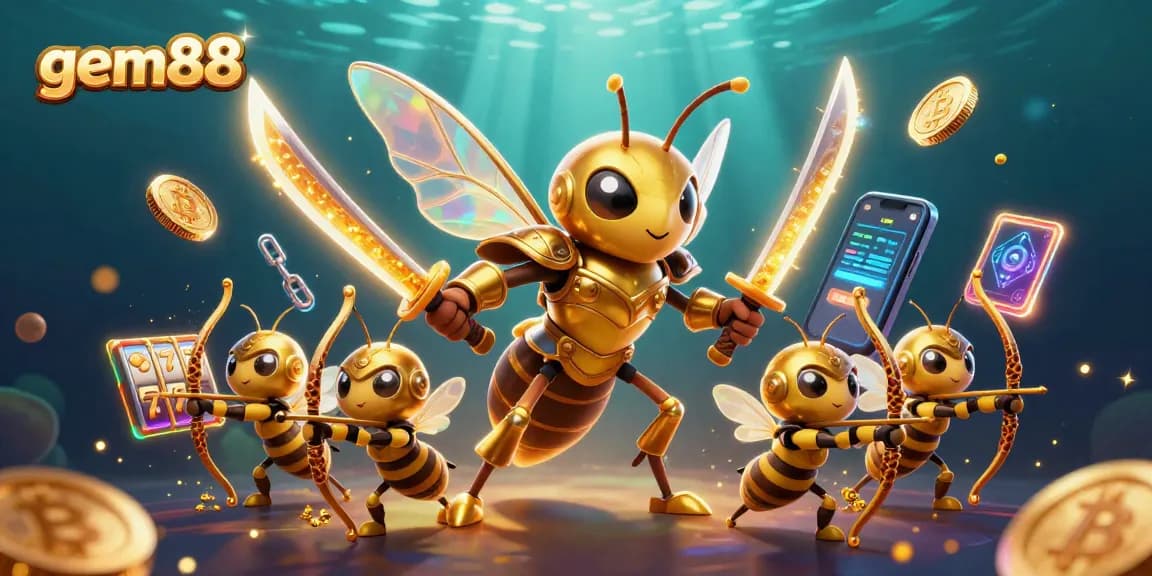 Experience the thrill of gem88 with this dynamic casino illustration featuring samurai hornets and crypto elements.