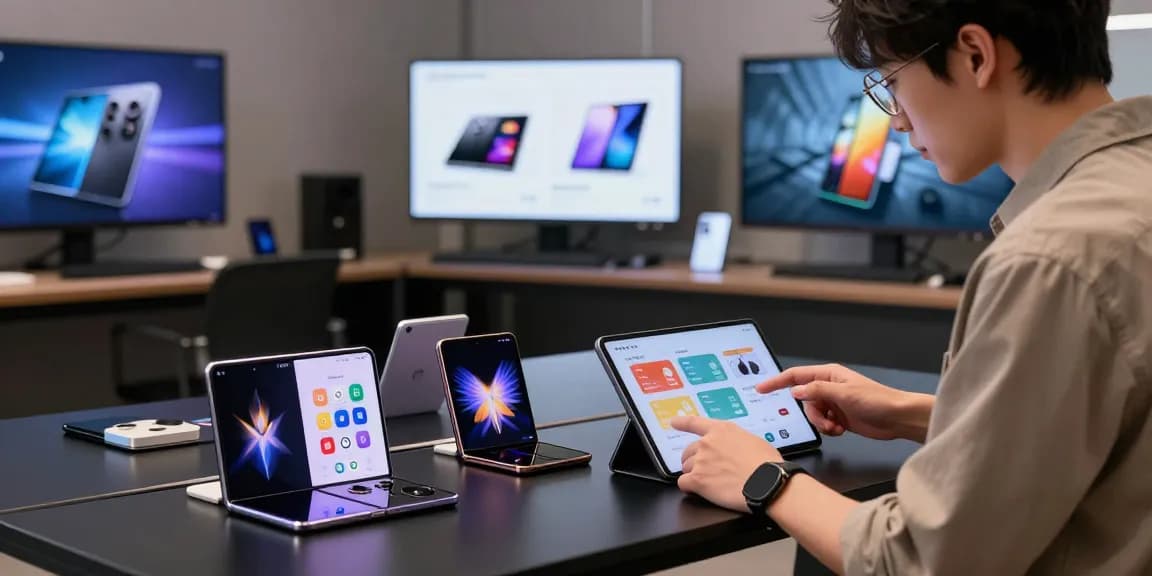 Foldable phones 2026 lineup featuring Samsung Galaxy Z Fold 7 and Motorola Razr Ultra in a modern tech workspace.