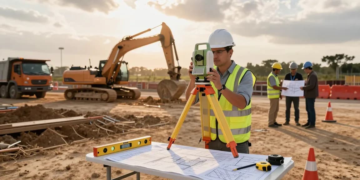 Land surveyors near me conducting a topographical survey on a construction site with precision instruments and teamwork.