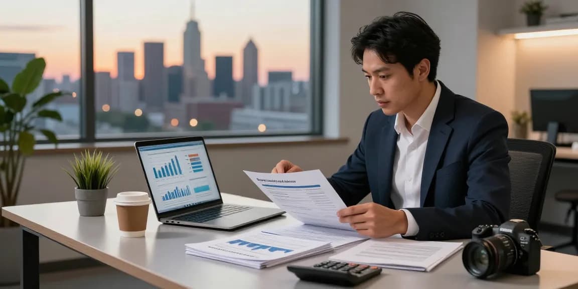 Consultant analyzing financial documents related to Square merchant cash advance in a modern office setting.