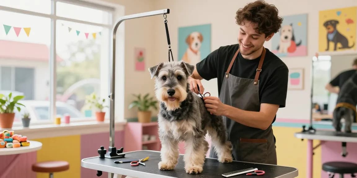 Hand Stripping in York - Professional groomer gently hand stripping a dog's coat in a bright, welcoming grooming salon.
