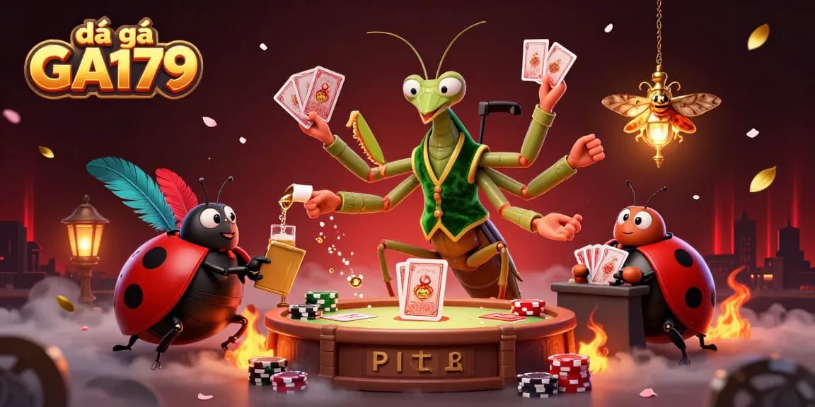Experience the excitement of đá gà GA179 with a giant praying mantis dealer and ladybug pit boss in a vibrant scene.