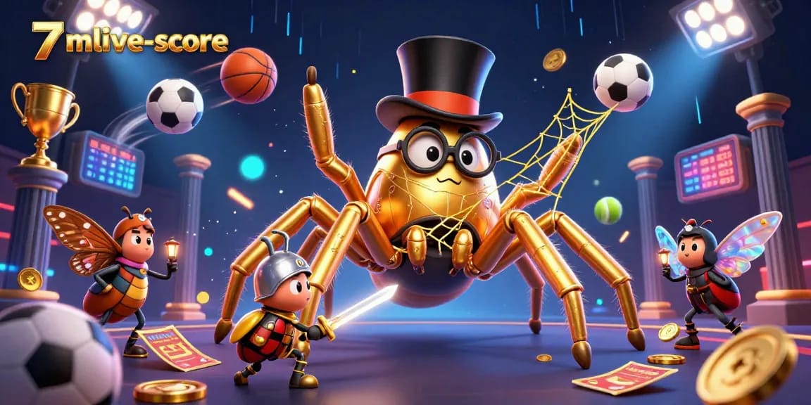 Engage with 7mlive-score's vibrant casino scene featuring a giant tarantula and sports elements.