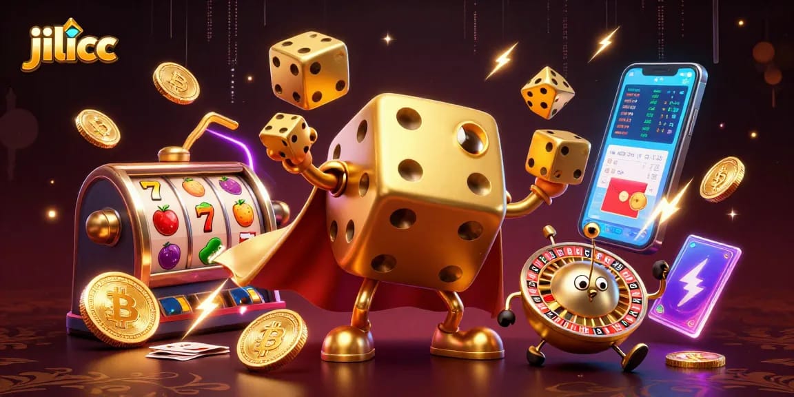 Experience thrilling gaming with jilicc's dynamic 3D casino scenes featuring vibrant slot reels and crypto coins.