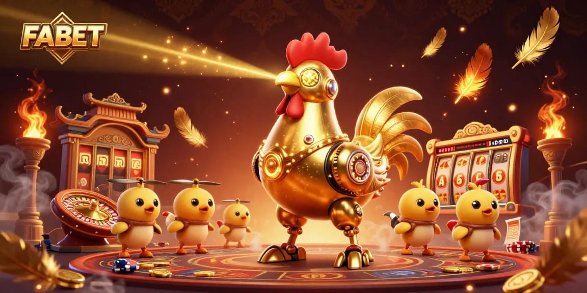 Experience FABET with an engaging 3D illustration of a golden rooster robot in an exciting casino scene.