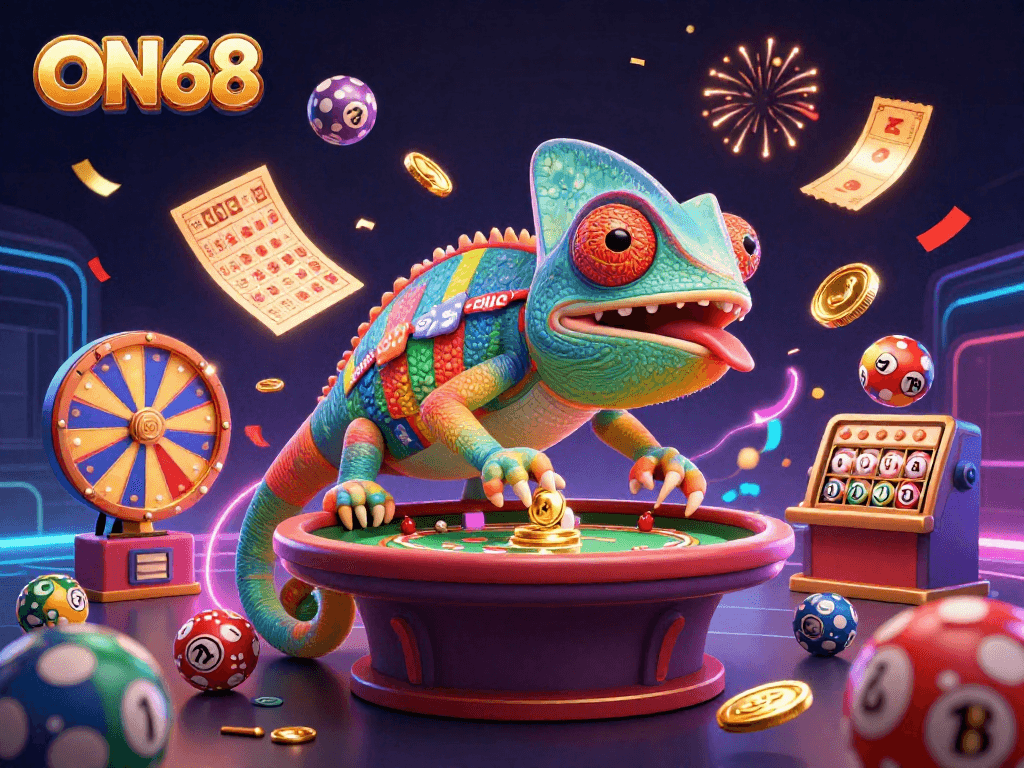 Experience thrilling gaming adventures at ON68, where a vibrant chameleon owner oversees a dynamic casino scene.