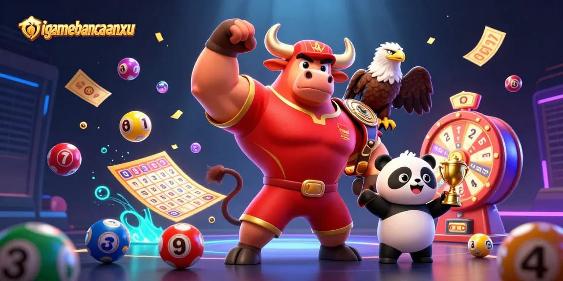 Engage with taigamebancaanxu featuring vibrant 3D characters celebrating lottery wins and dynamic gaming elements.
