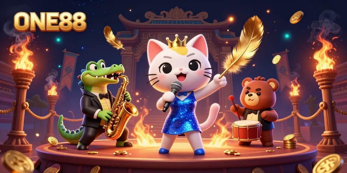 Experience the excitement of ONE88 with a lively casino scene featuring dynamic characters and gaming elements.