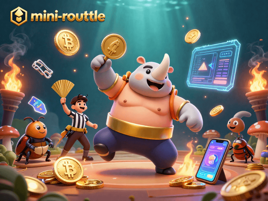 Engage in mini-roulette excitement with a rhinoceros beetle champion surrounded by vibrant casino elements.
