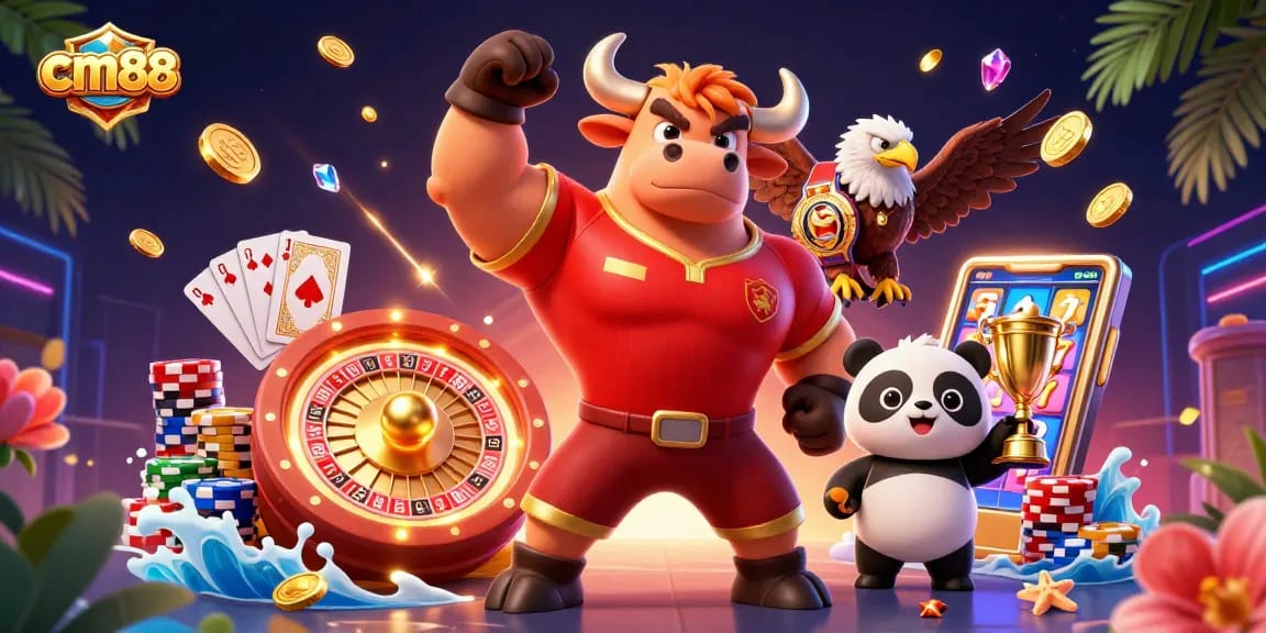 cm88 showcases thrilling gameplay with a muscular bull, eagle, and panda amidst casino excitement.