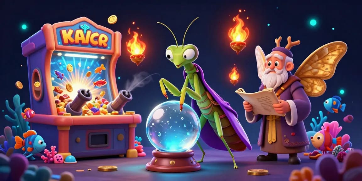 Bancaxeng fish shooting game scene with vibrant fish, fortune teller, and treasure characters.