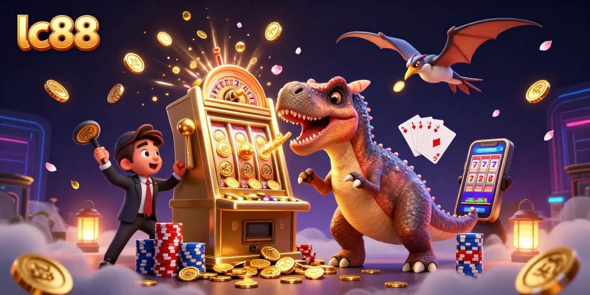 lc88 offers an exciting jackpot experience with a cartoon pachycephalosaurus and dynamic casino elements.