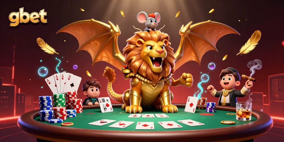 gbet features a triumphant chimera creature with vibrant casino elements and poker action in a dynamic 3D illustration.