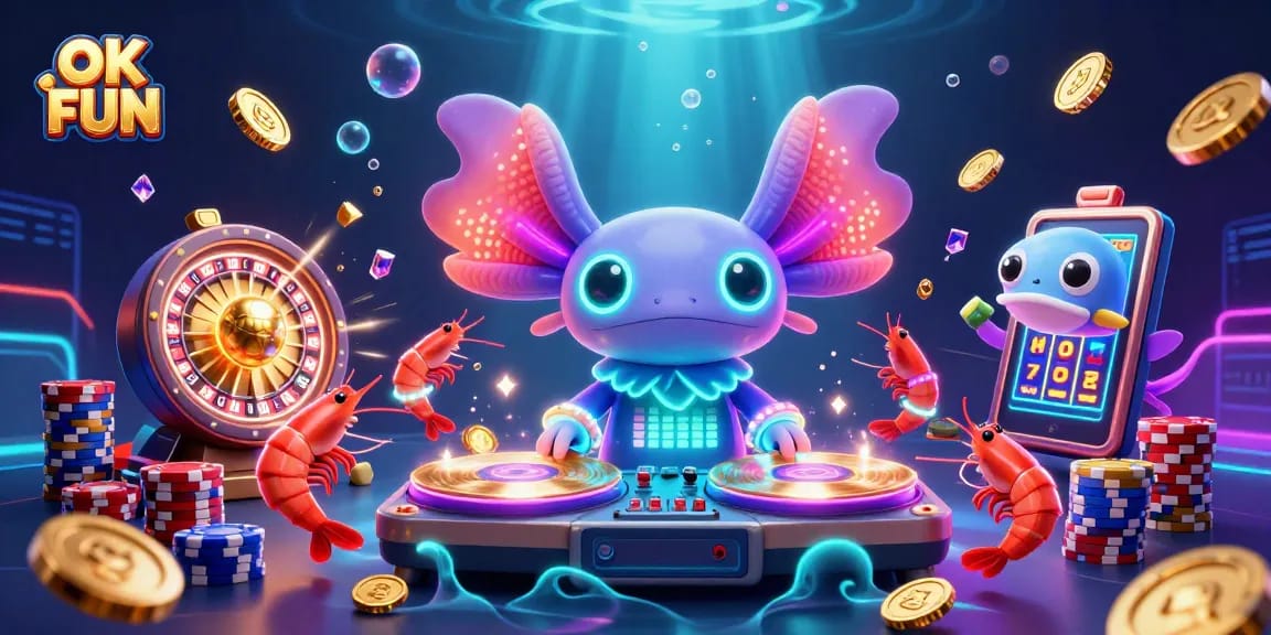 Experience excitement with OK FUN in this vibrant 3D underwater casino scene featuring a DJ axolotl and vibrant game elements.