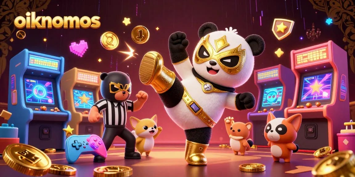 Experience the thrill of oikonomos with dynamic gaming action and colorful casino elements in this vibrant scene.