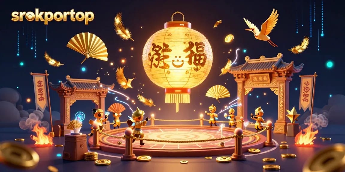 Engage in exciting gameplay at srokportop with a vibrant 3D casino illustrated scene featuring a golden lantern spirit and warriors.