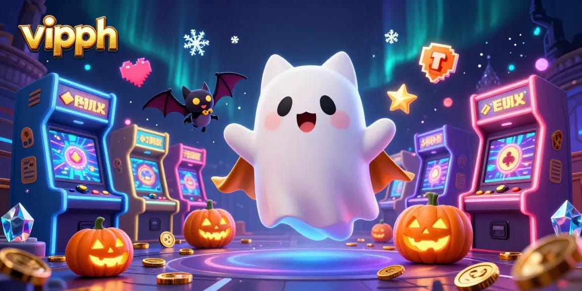 Engage in thrilling gaming adventures with vipph at this haunted casino, featuring a cat ghost and its bat companion.