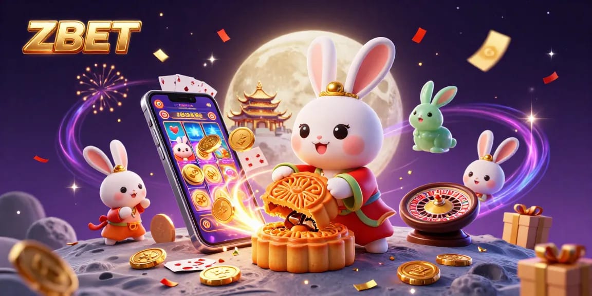 ZBET showcases an adventurous moon rabbit with poker chips and gaming elements in a vibrant casino-themed illustration.