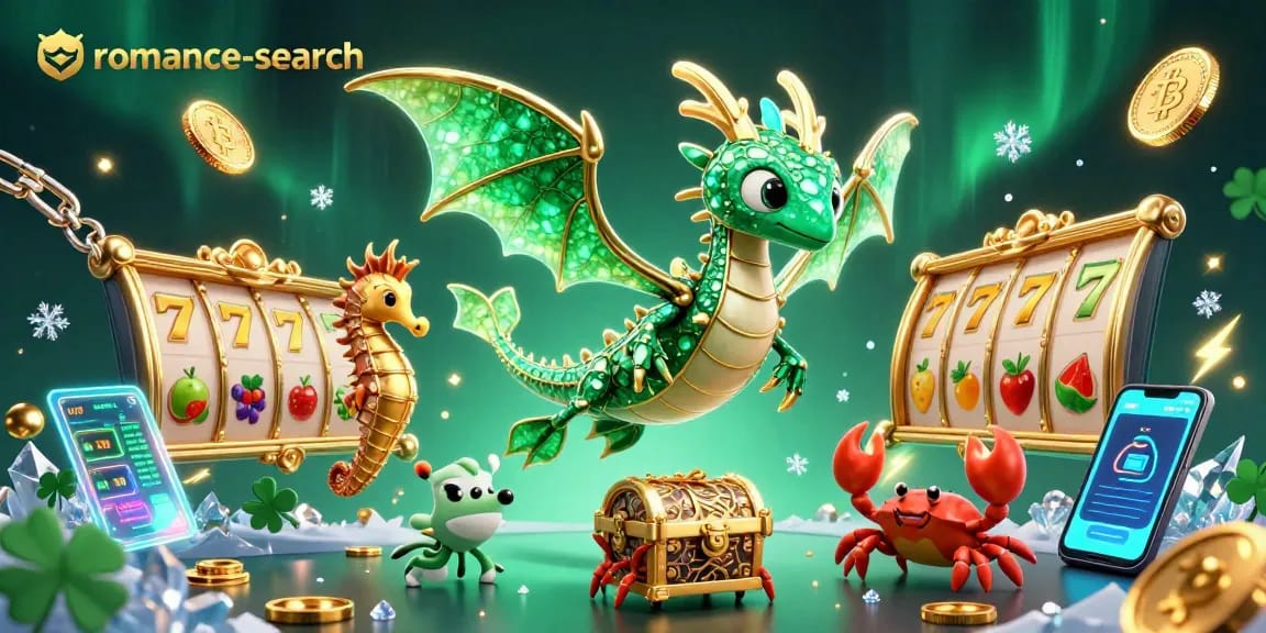 Spin the reels in the dynamic scene of romance-search, featuring a dragon and crypto elements.