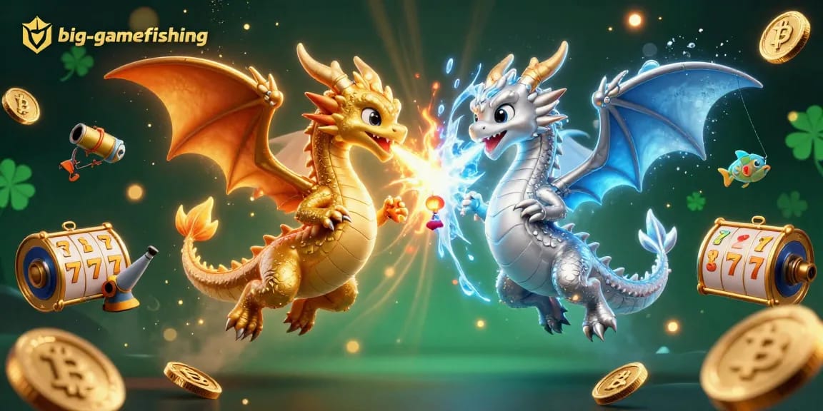 Experience big-gamefishing in this vibrant 3D illustration featuring gold and silver dragons intertwined in action.