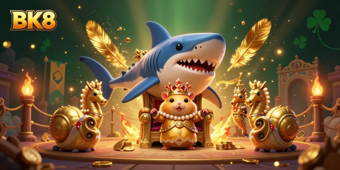 BK8 Casino's vibrant scene showcasing winning strategies with a golden hamster king and royal guards.