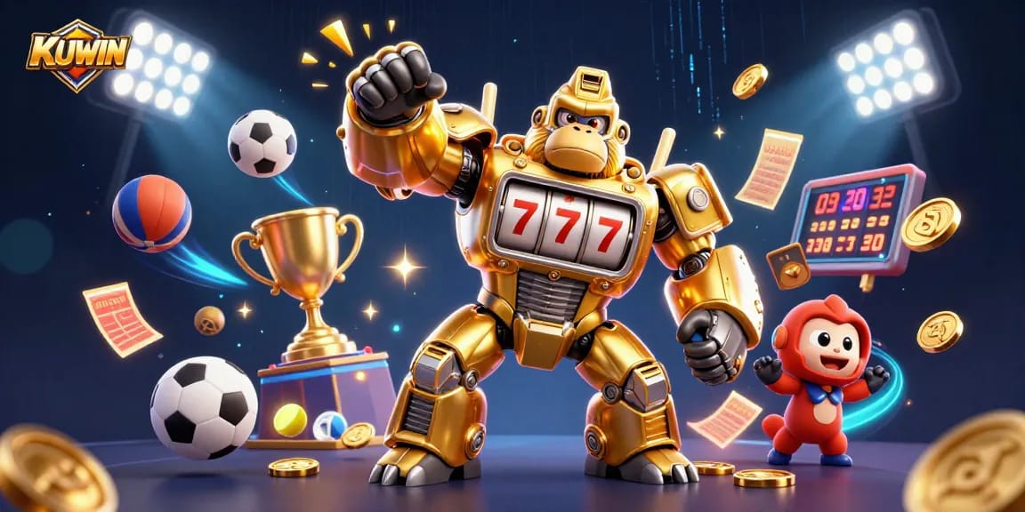 Engage with KUWIN's thrilling gaming experience featuring a golden gorilla mech and dynamic sports elements.