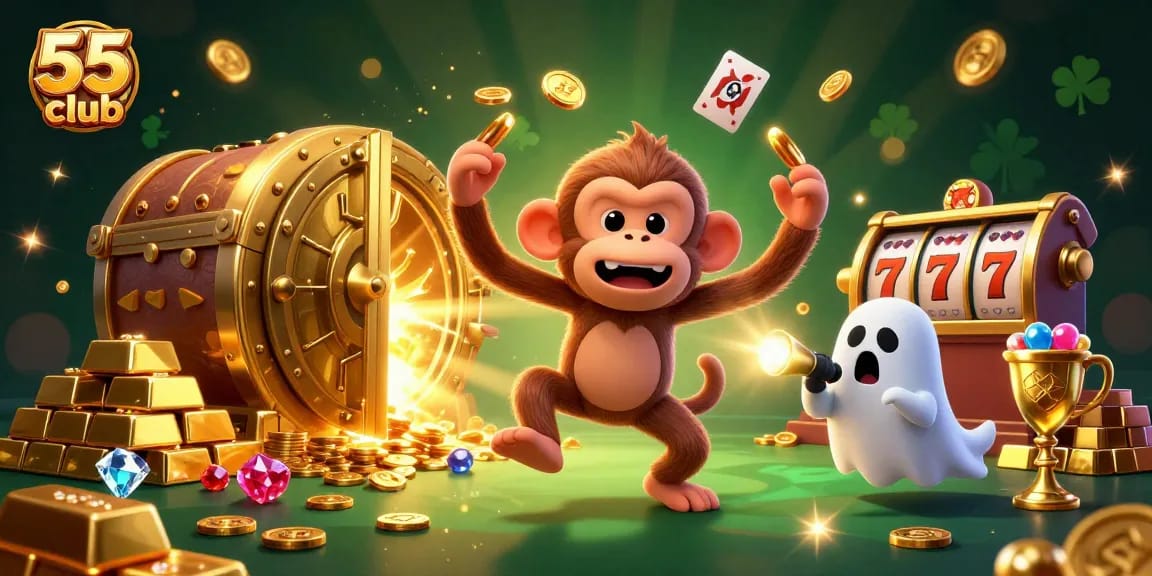 Experience the thrill of 55 club with a lively haunted casino scene filled with gold treasures and playful spirits.