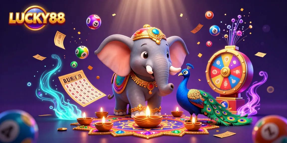Experience the thrill of winning at LUCKY88 with a vibrant 3D cartoon scene featuring captivating lottery elements and animated characters.