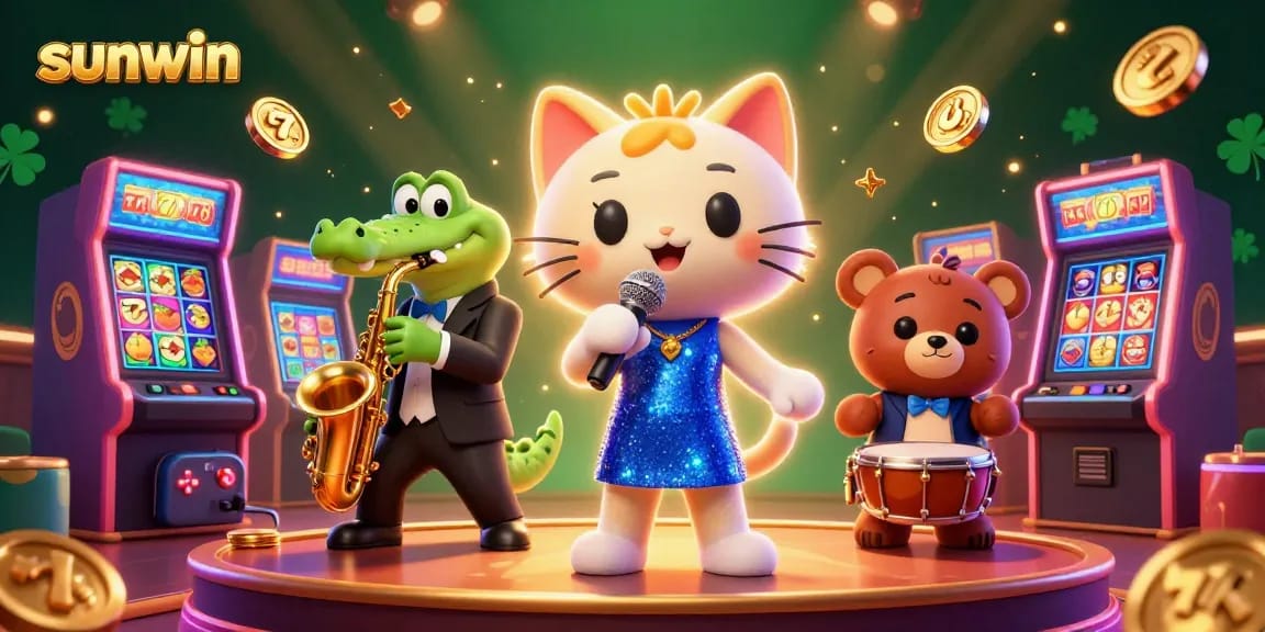 Experience the vibrant world of sunwin with a jazz-singer cat, a saxophone crocodile, and a drum-playing bear amid a casino backdrop.