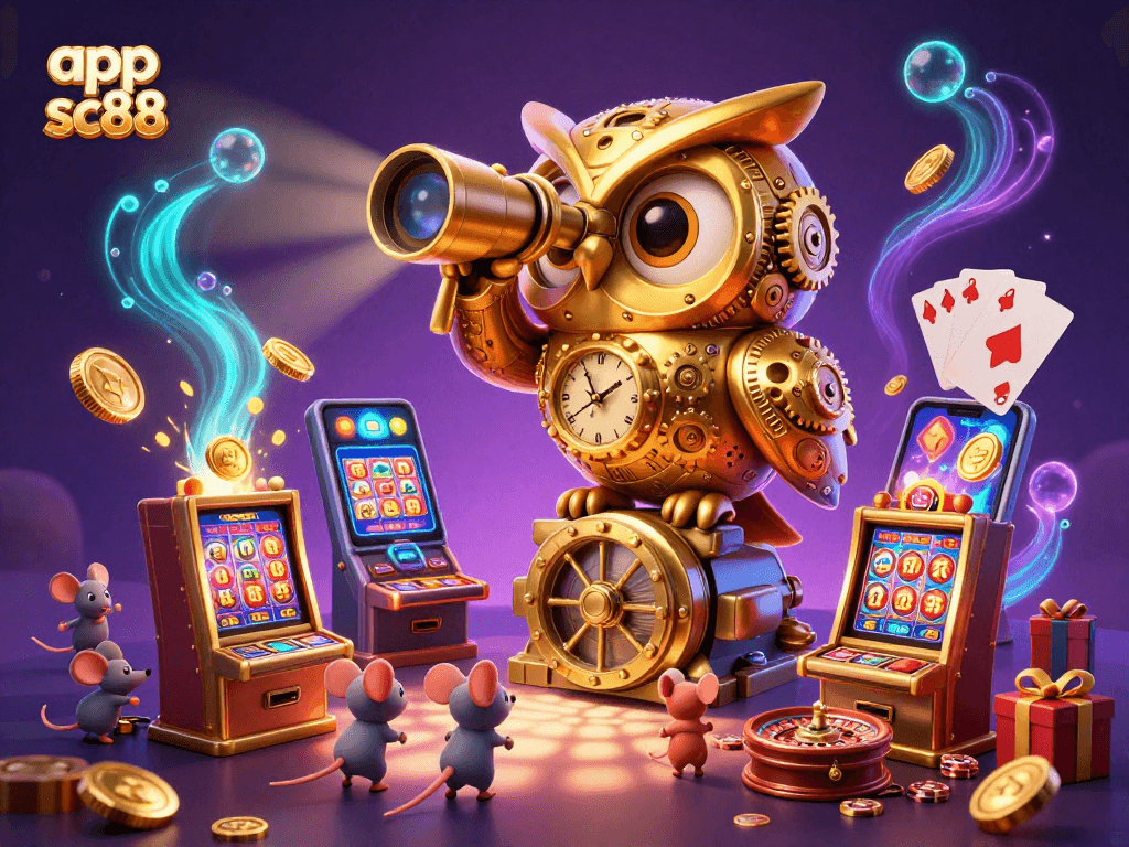 Engage with app sc88 in a dynamic 3D casino scene featuring a whimsical owl and vibrant gaming elements.