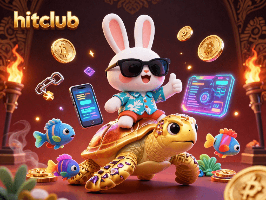 hitclub showcases a lucky rabbit and turtle amidst vibrant crypto elements in a lively casino scene