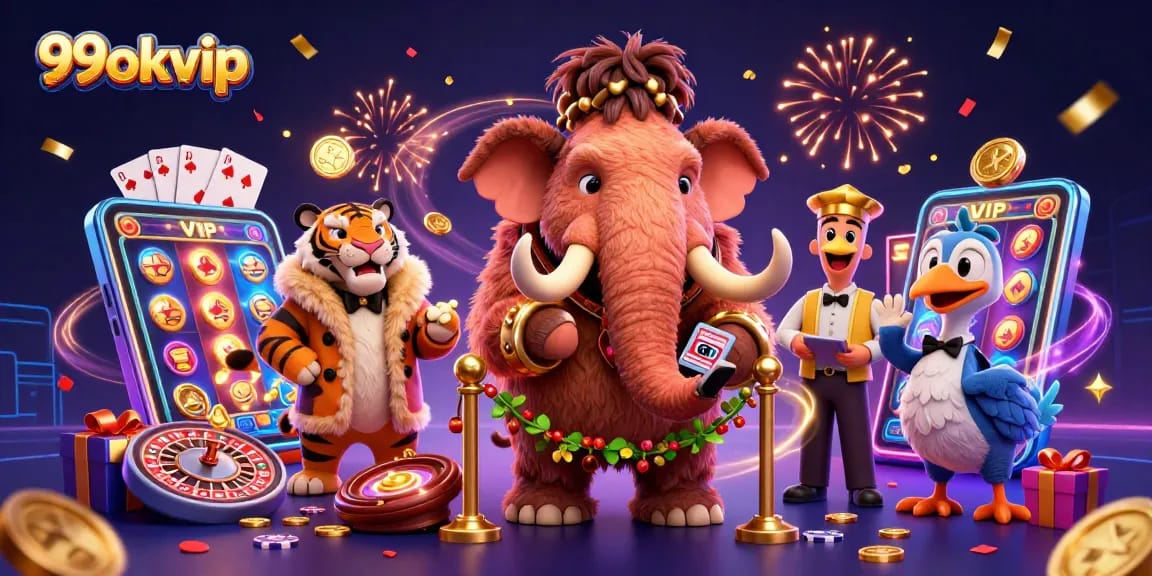 Experience 99okvip's lively casino scene with a woolly mammoth bouncer and VIP characters.