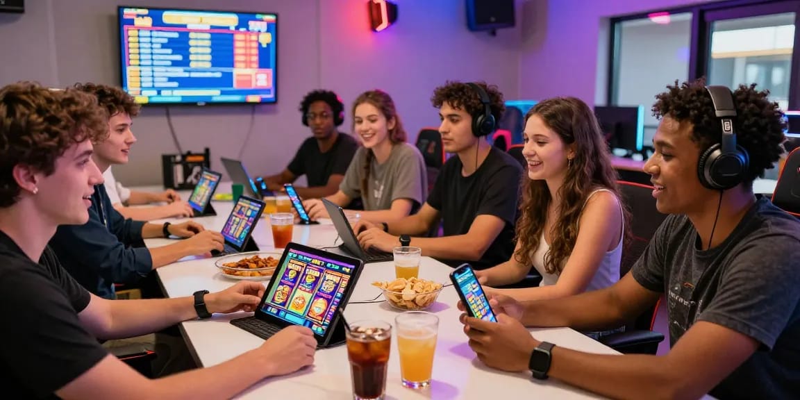 Friends enjoying slot7000 gaming experience in a vibrant lounge.