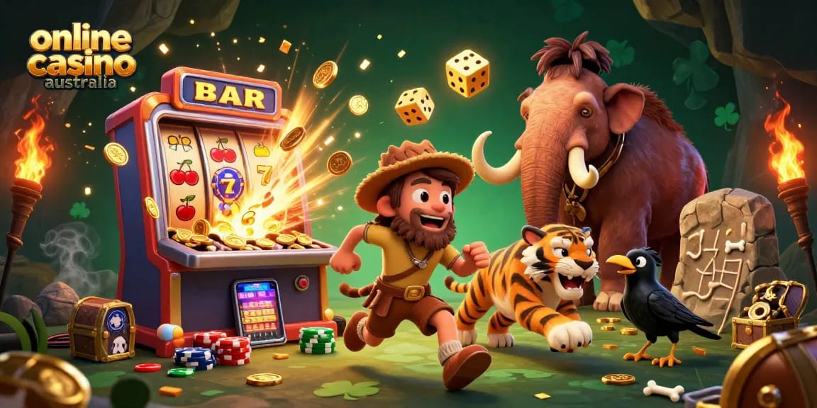 Experience the thrill of the online casino australia with a dynamic prehistoric scene featuring vibrant graphics.