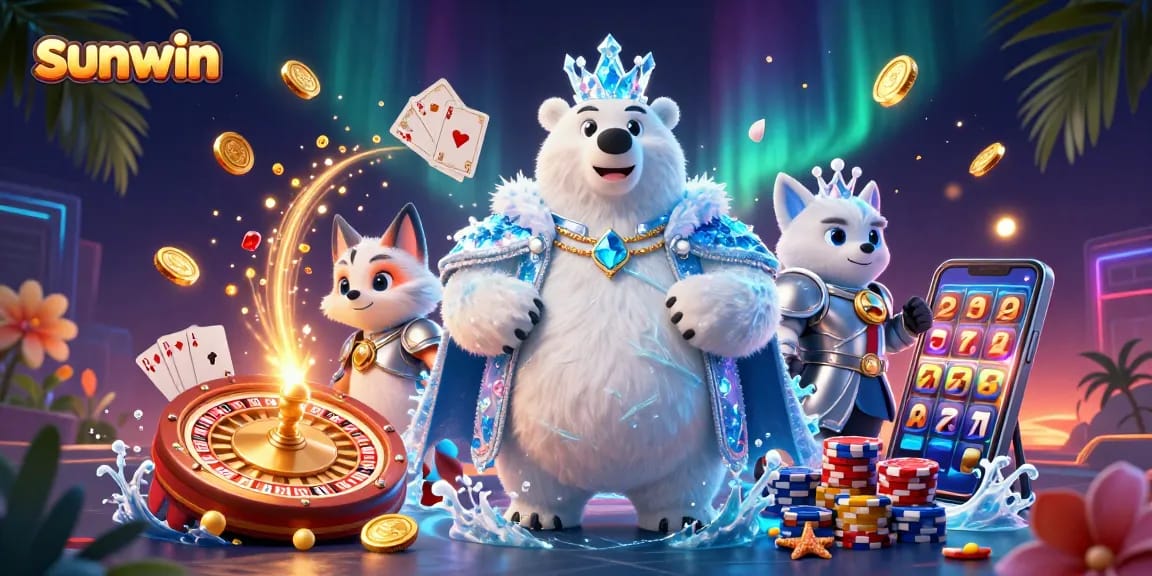 Sunwin brings excitement with a snow fox and ice king in a vibrant casino scene.